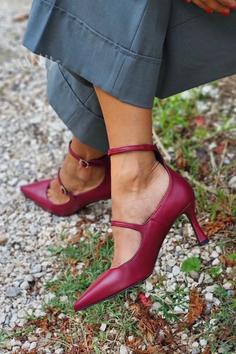 Burgundy Pointed Toe Double Strap Stiletto Heels [Pre Order]