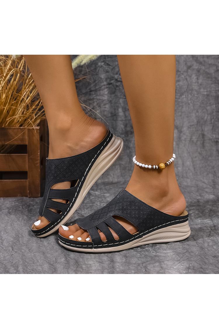 Pantofole casual con zeppa, punta rotonda, in tinta unita, con patchwork traforato 