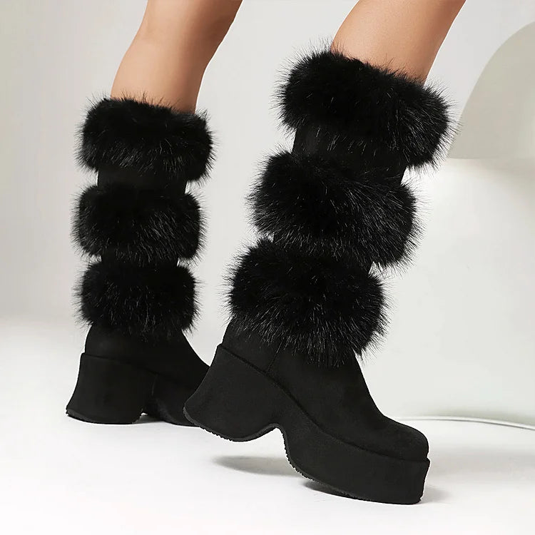 Colorblock Fluffy Trim Round Toe Chunky Heel Platform Mid Calf Boots