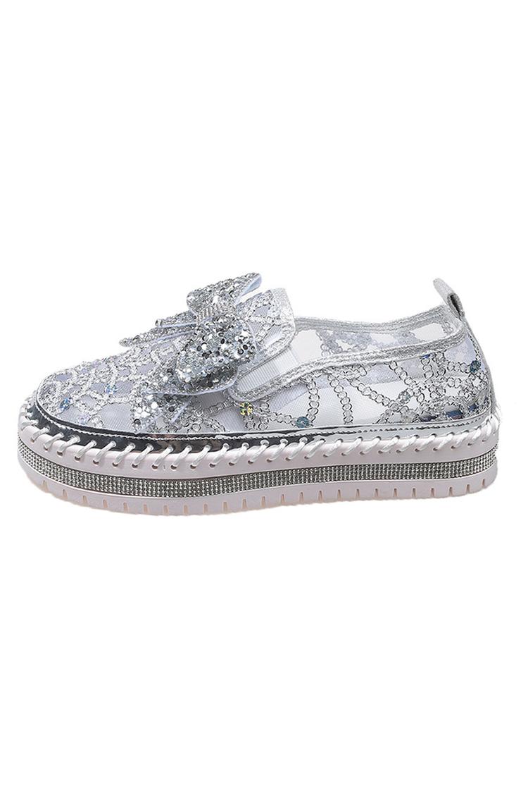 Strass Schleifen Dekor Mesh Runde Zehen Freizeit Plateau Slipper