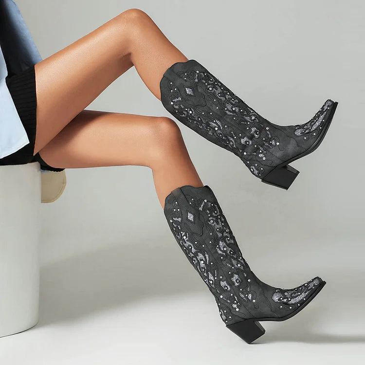 Rhinestone Decor Hollow Out Patchwork Pointed Toe Mid Calf Boots