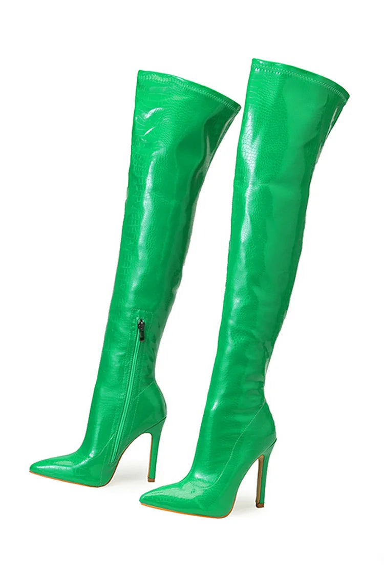 Solid Color Side Zipper Pointed Toe Stiletto Heel Over The Knee Boots