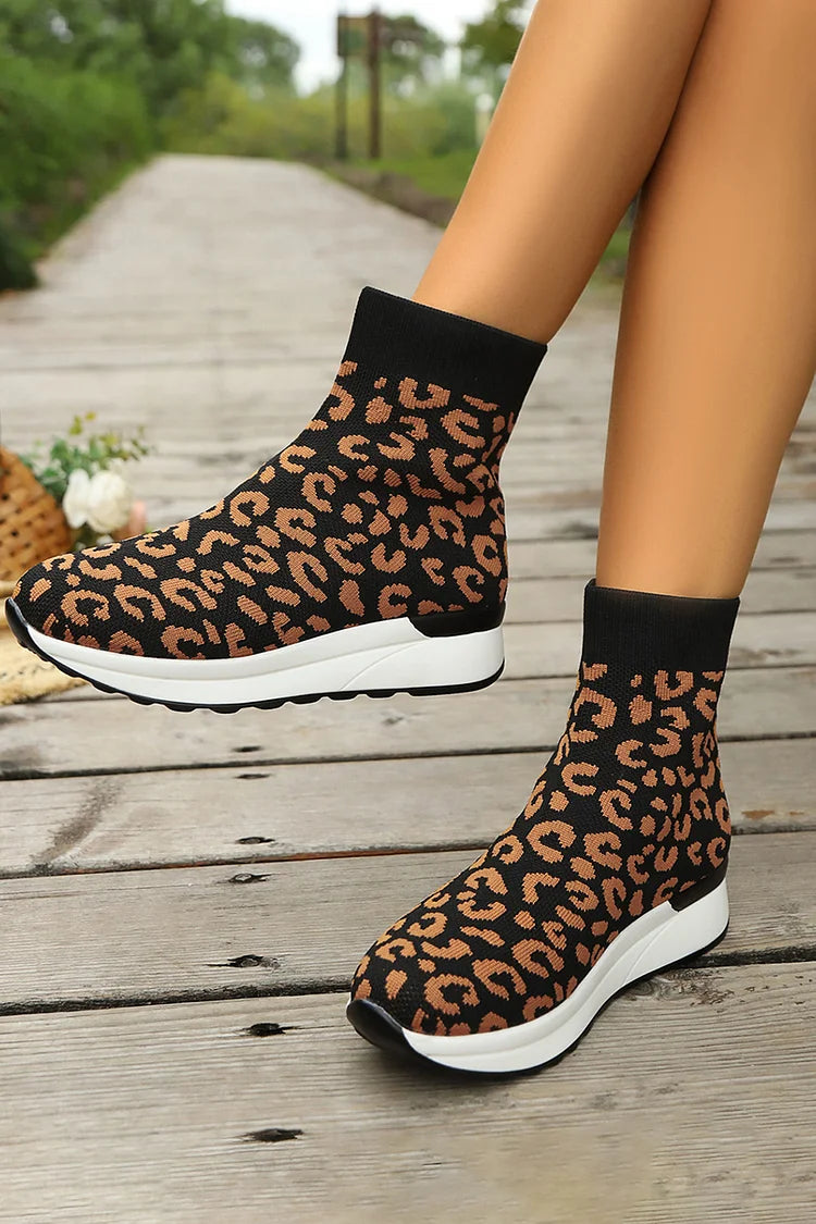 Colorblock Leopard Pattern Round Toe Casual Pull On Ankle Boots