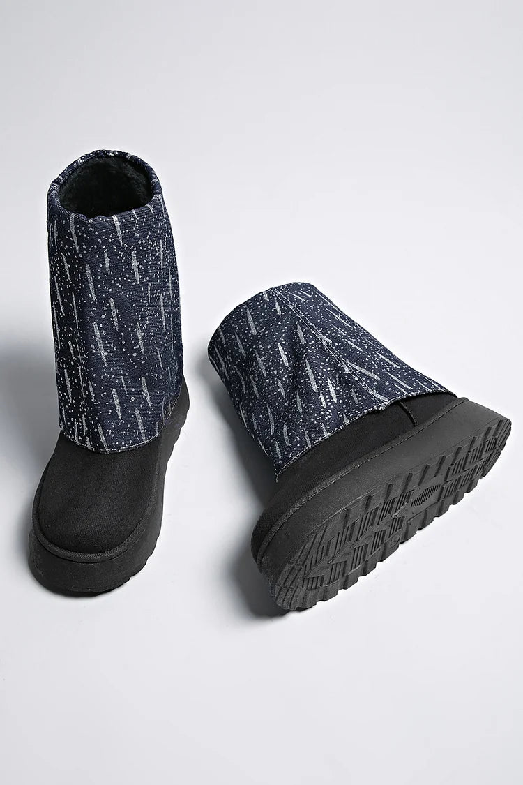 Denim Patchwork Fold Over Round Toe Low Platform Snow Boots