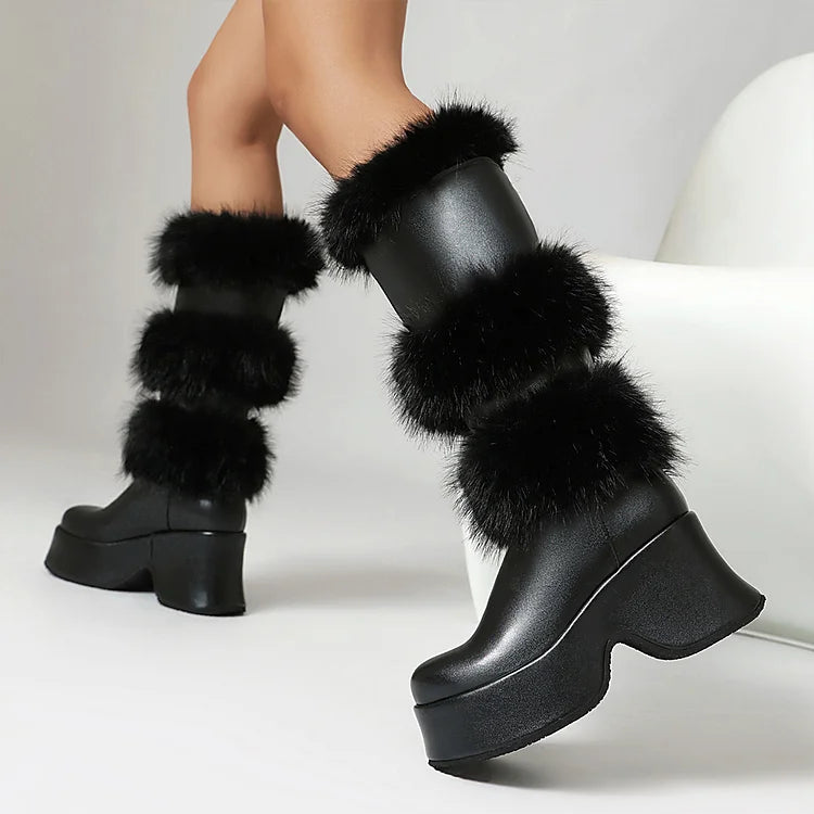 Solid Color Fluffy Trim Round Toe Chunky Heel Platform Mid Calf Boots