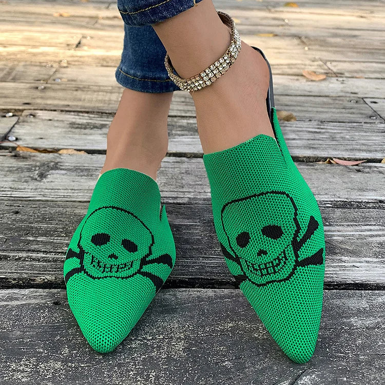 Casual Skull Print Pointy Toe Breathable Knit Mules