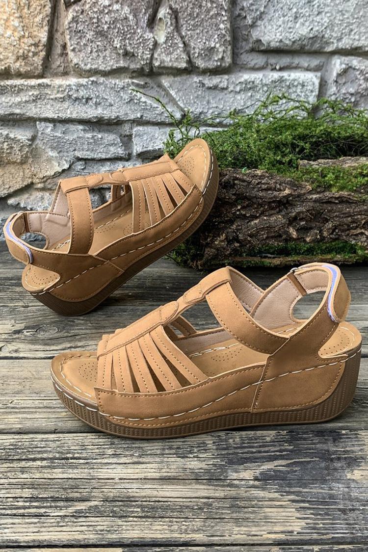 Sandali casual con zeppa, punta tonda e cinturino a T in tinta unita