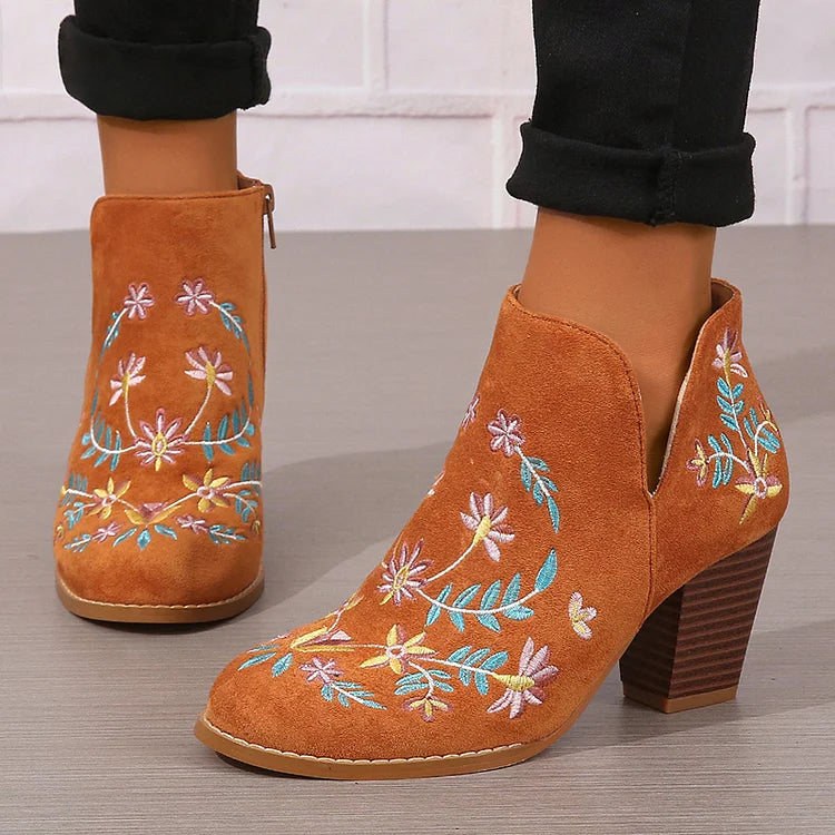 Floral Leaf Embroidery Round Toe Zipper Chunky Heel Ankle Boots