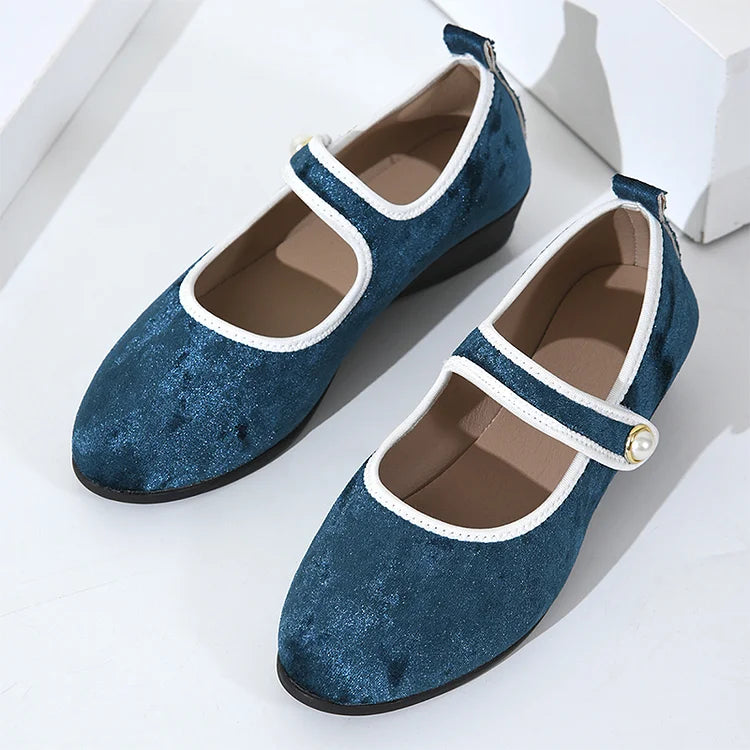 Contrast Trim Instep Strap Buckle Round Toe Velvet Flats