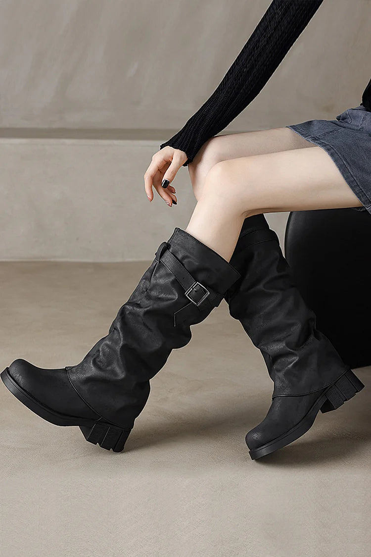 Strap Buckle Decor Fold Over Round Toe Chunky Heel Long Boots