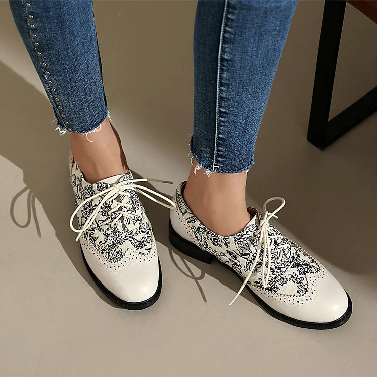 Floral Pattern Canvas Patchwork Lace Up Round Toe Casual Oxfords