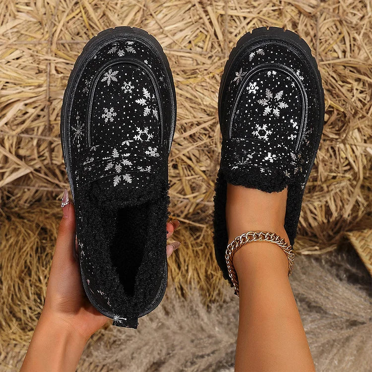 Christmas Snowflake Print Faux Fur Lined Round Toe Low Block Heel Loafers