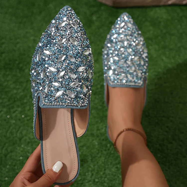 Glitter Sequins Rhinestone Decor Pointy Toe Slides Mules