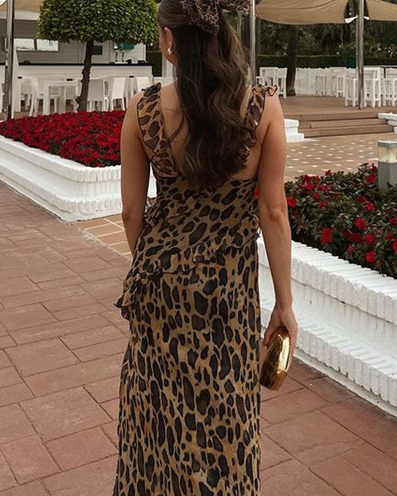 Vestido elegante de chiffon com estampa de leopardo dividido