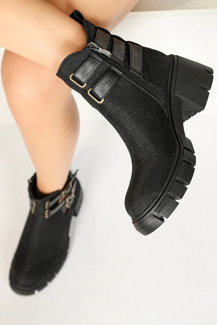 Multi Straps Buckles Zipper Round Toe Chunky Heel Ankle Boots