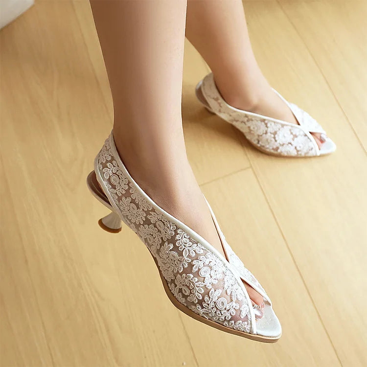 Sandali con tacco a spillo e cinturino posteriore in rete con motivo floreale 