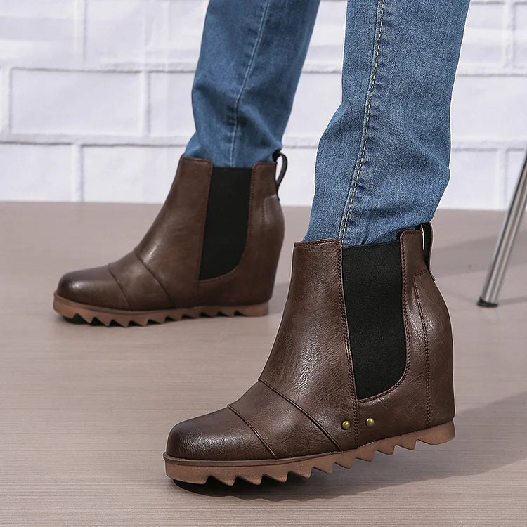 Patchwork Metal Rivet Round Toe Wedge Heel Ankle Boots