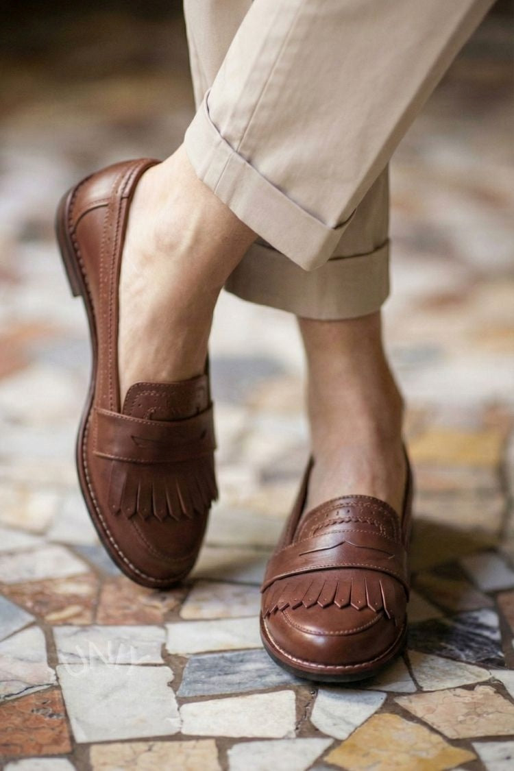 Elegant Dark Brown Leather Round Toe Fringe Loafers [Pre Order]