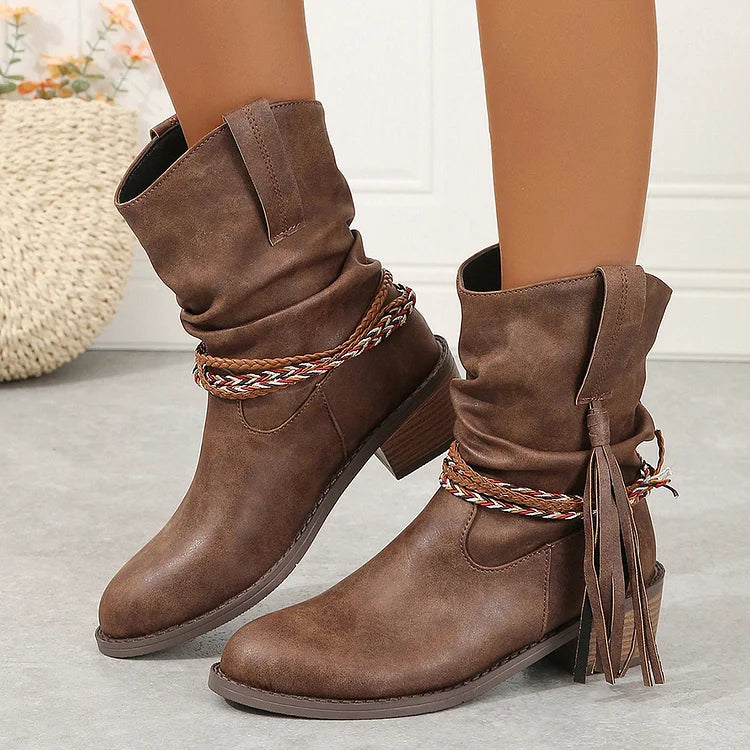 Braided Rope Tassel Decor Slouch Pointed Toe Chunky Heel Ankle Boots