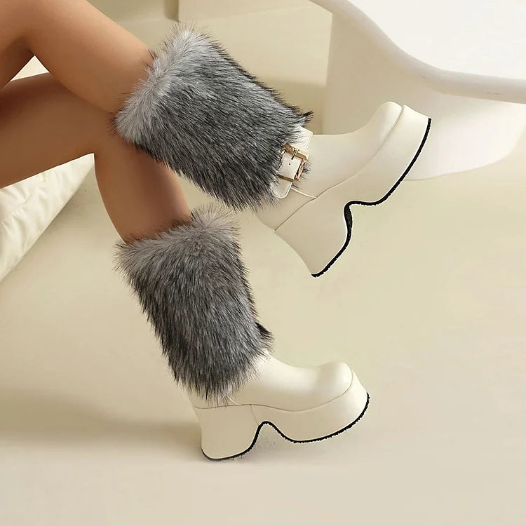 Strap Buckle Decor Faux Fur Round Toe Chunky Heel Platform Mid Boots