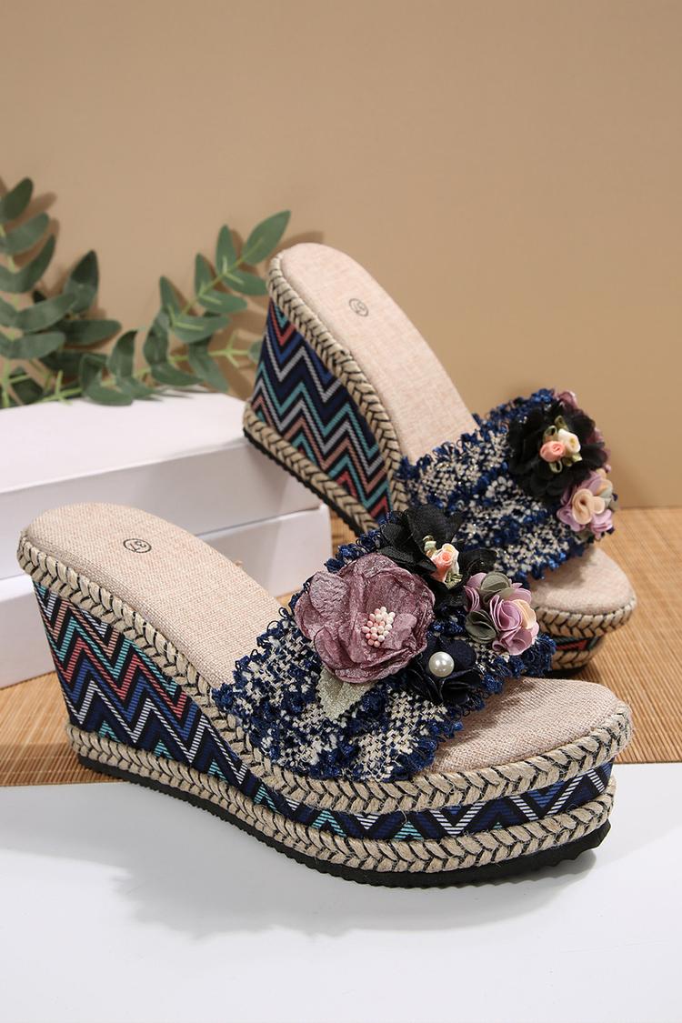 Wielokolorowa 3D dekoracja kwiatowa, okrągły nosek, casualowe, na zewnątrz, koturny na obcasie