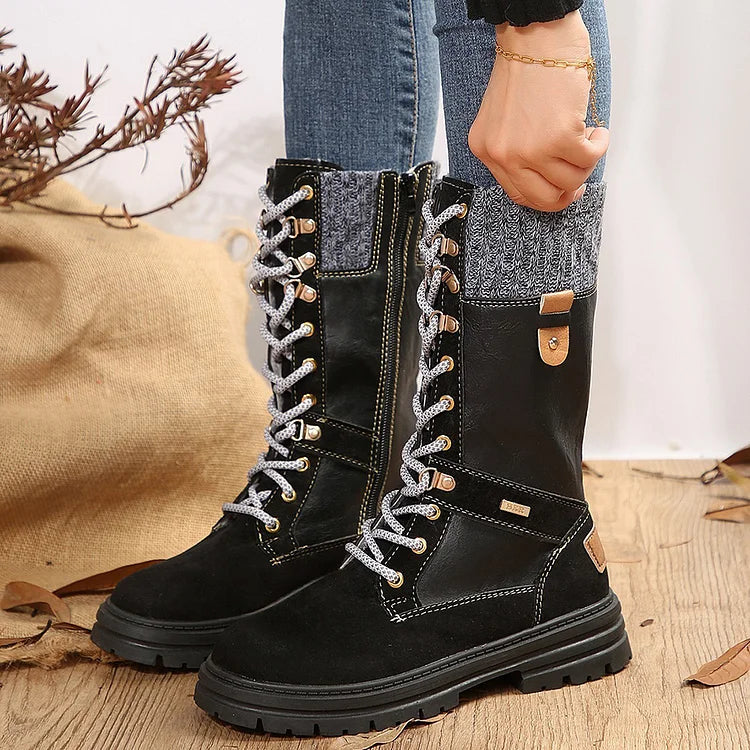 Patchwork Round Toe Low Block Heel Lace Up Mid Calf Boots