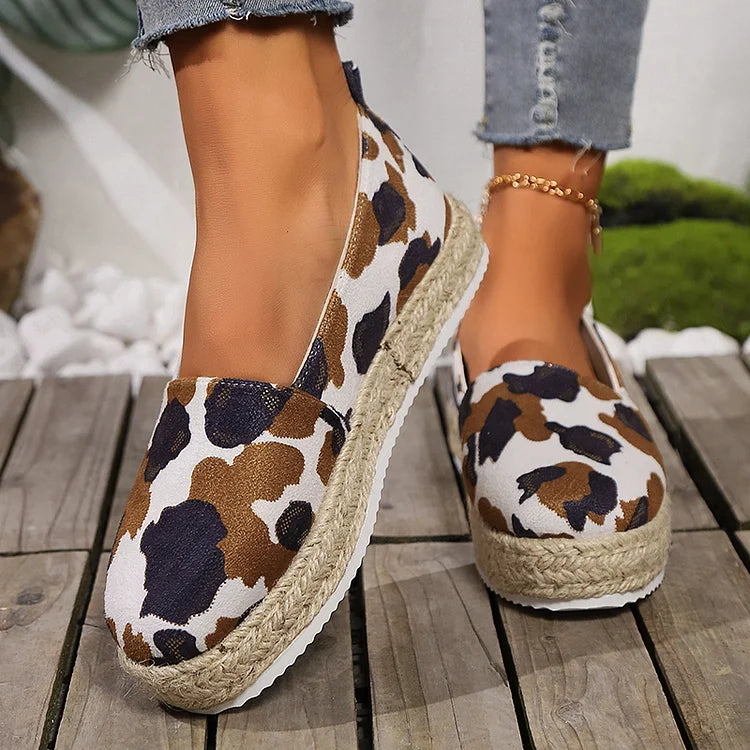 Leopard Pattern Print Low-Top Round Toe Platform Espadrille Loafers