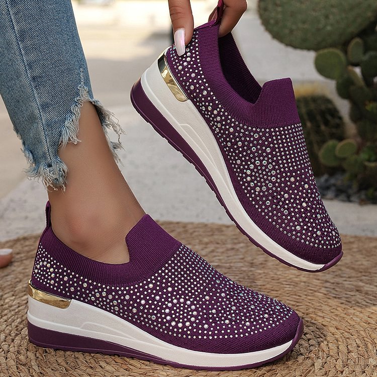 Rhinestone Embellished Round Toe Slip On Platform Casual Shoes Sneakers