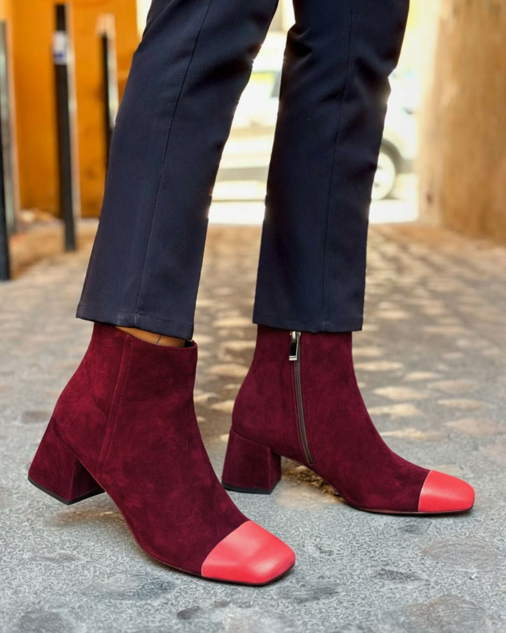 Colorblock Knöchelstiefel mit quadratischer Spitze, Blockabsatz und Reißverschluss [Vorbestellung]