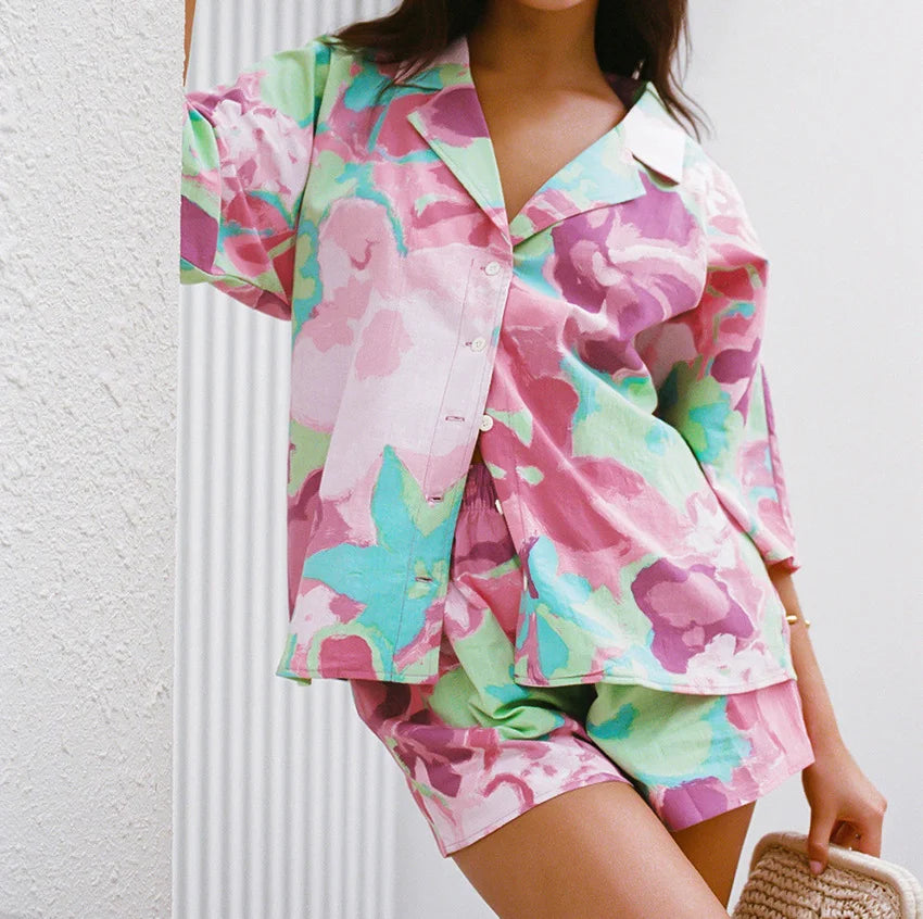 Casual Printed Shirt & Shorts Two-Piece Set