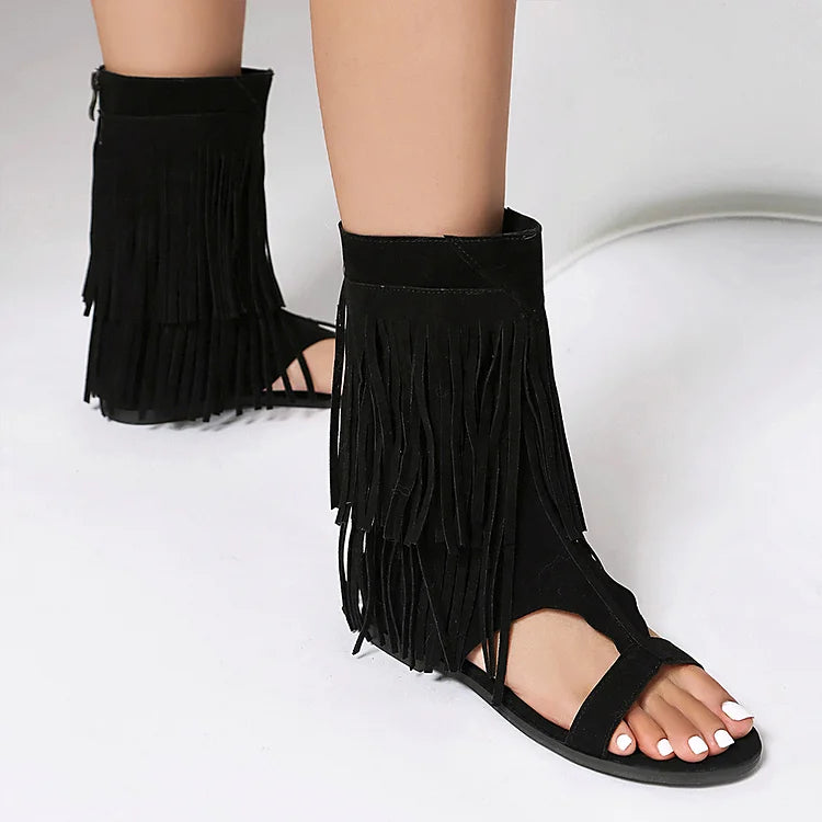 Sandały botki na wysokim obcasie z zamkiem błyskawicznym, odkrytymi palcami, ozdobione frędzlami w jednolitym kolorze