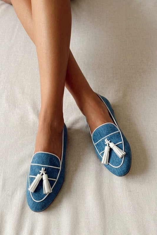 Blue Denim White Tassel Trim Flat Casual Loafers [Pre Order]