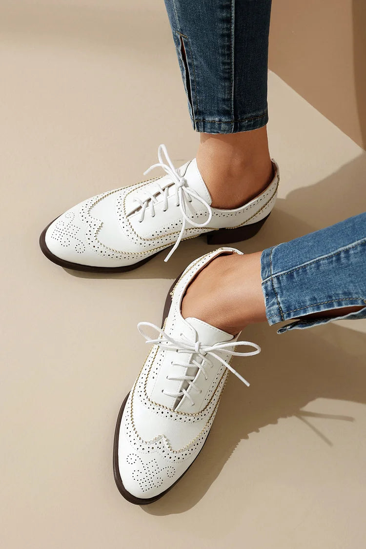 Colorblock Round Toe Low Block Heel Lace Up Brogue Oxfords