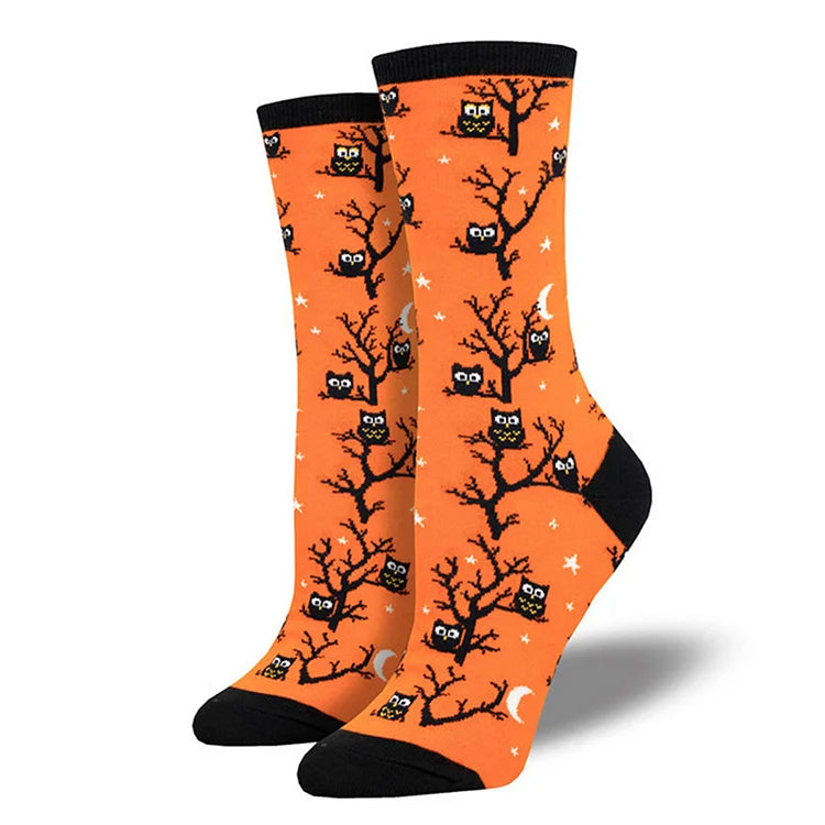 Calcetines de media pantorrilla con estampado de esqueleto, búho, calabaza, hoja de arce y bruja para Halloween 