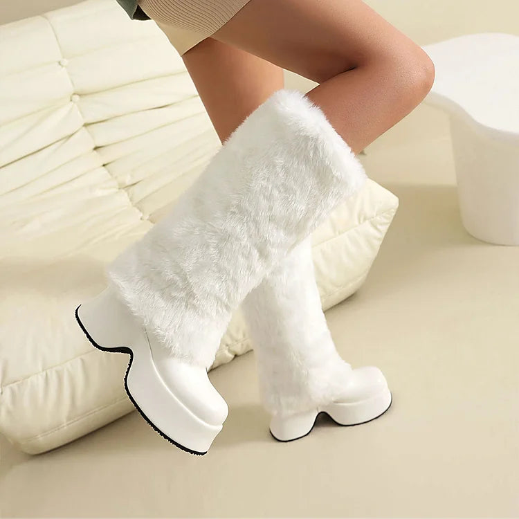 Faux Fur Trim Round Toe Chunky Heel Platform Long Boots