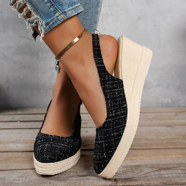 Raw Trim Pointed Toe Slingback Strap Buckle Wedge Sandals