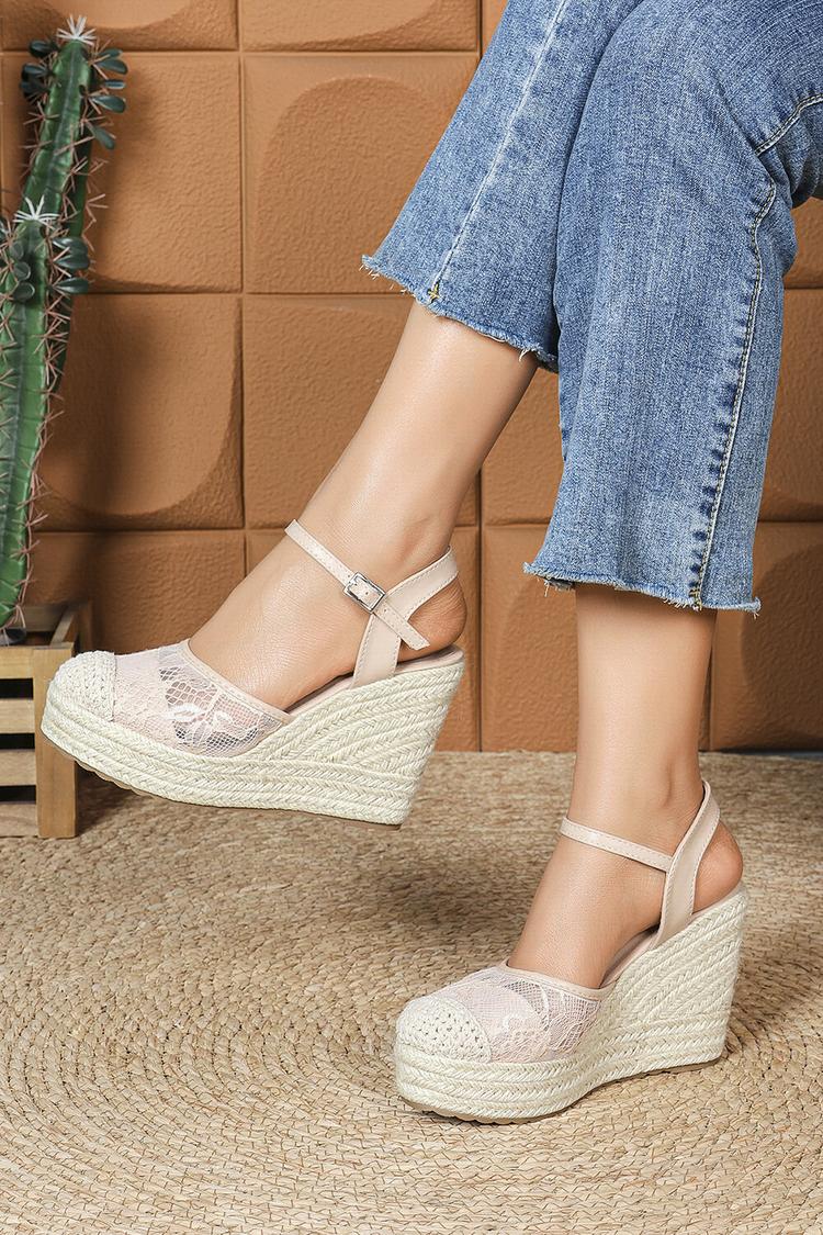 Sandali con zeppa casual con punta tonda, cinturino alla caviglia, fibbia e patchwork in pizzo 