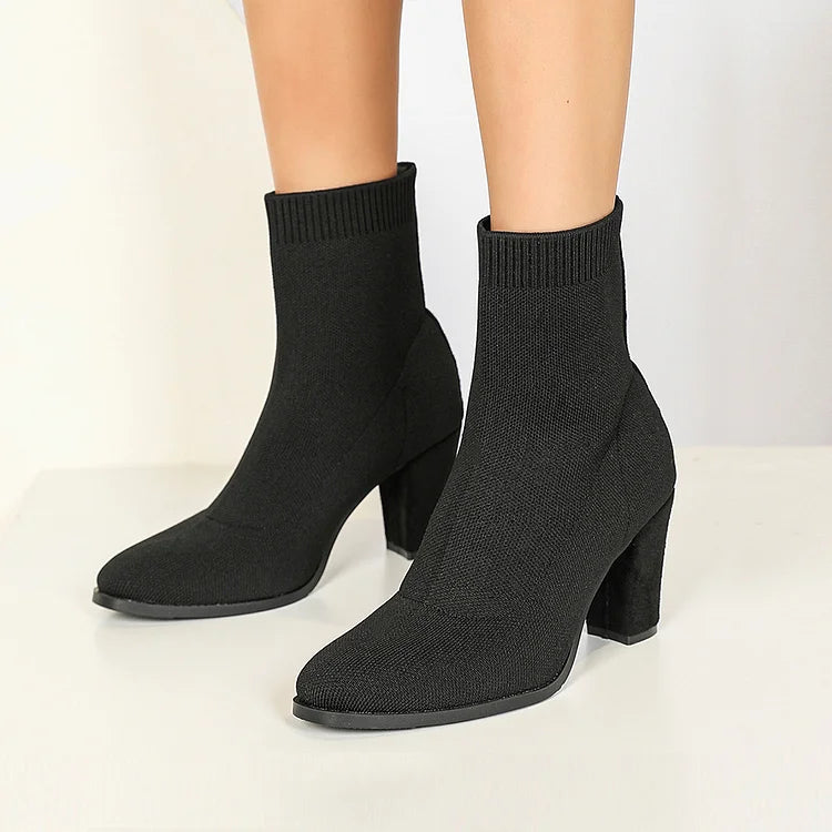 Knitted Solid Color Pointed Toe Chunky Heel Pull On Sock Ankle Boots