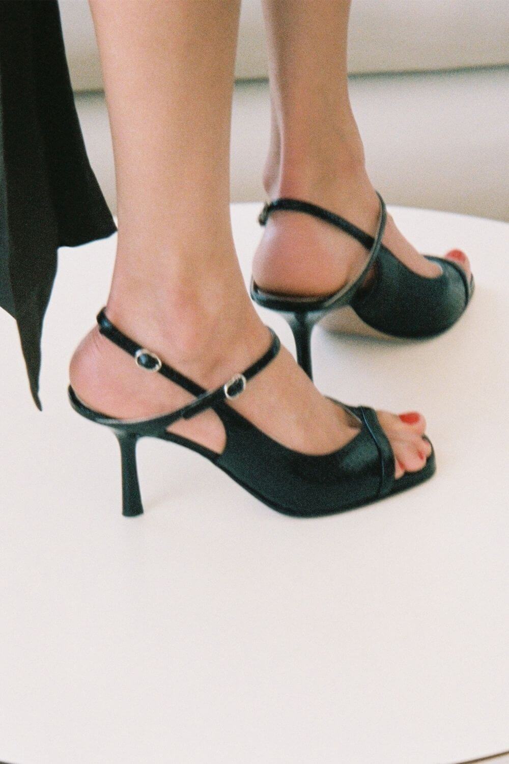 Snake Print Open Toe Slingback Black Stiletto Heels