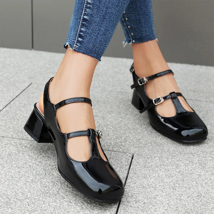 Cinghie sul collo del piede, fibbie, tinta unita, punta quadrata, cinturino posteriore, tacco grosso