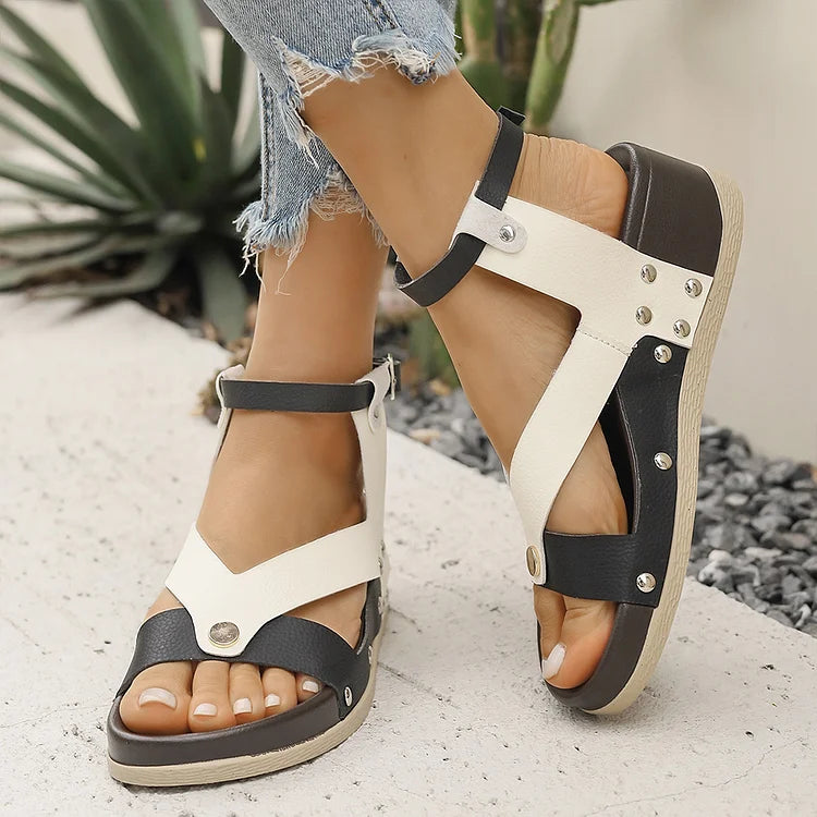 Patchwork Leopard Print Metal Rivets Round Toe Wedge Sandals