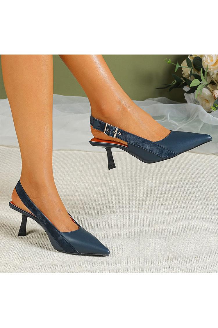 Scarpe con tacco a spillo, punta affilata, cinturino con fibbia e patchwork