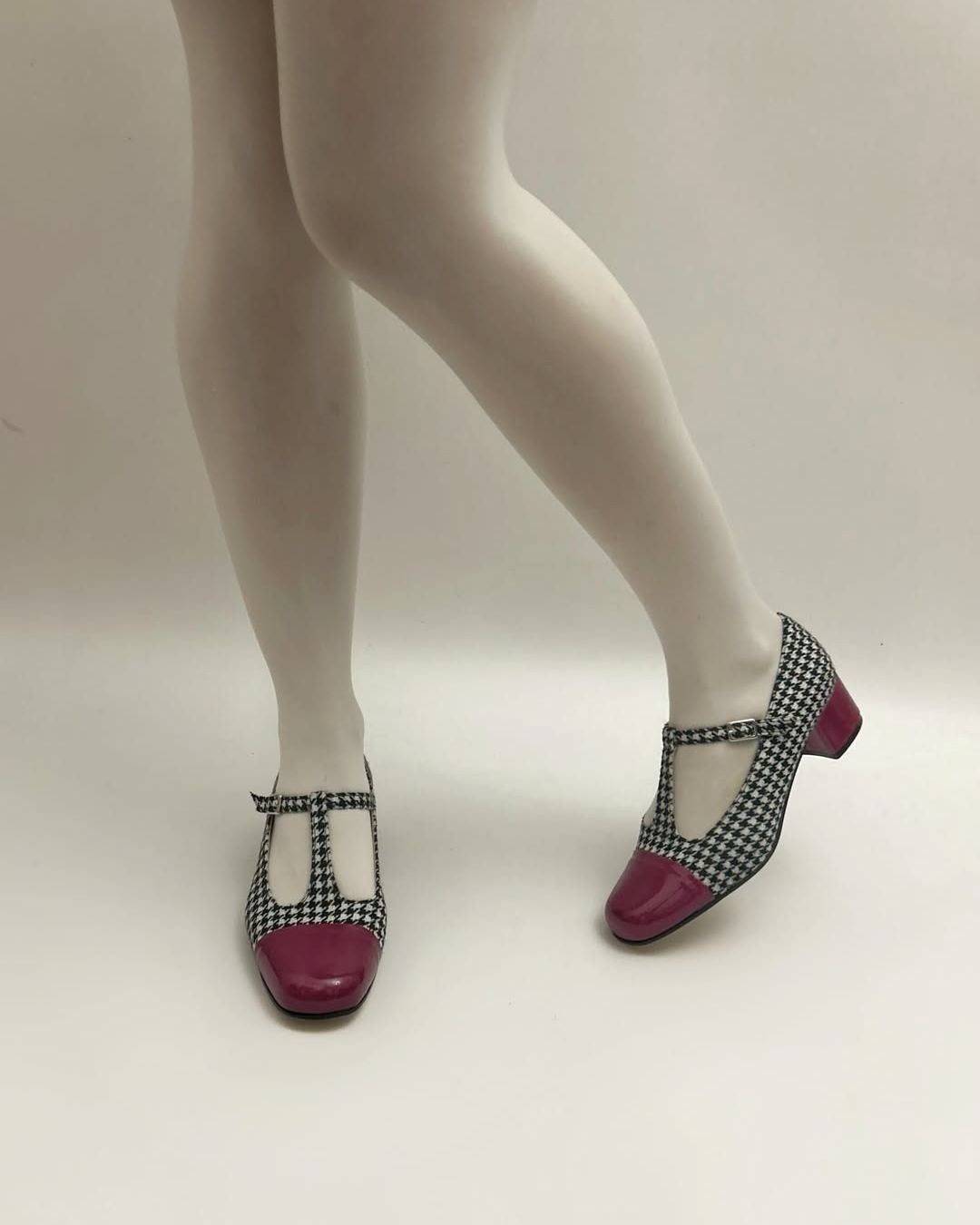 Plaid Colorblock T-Strap Chunky Heels [Pre Order]