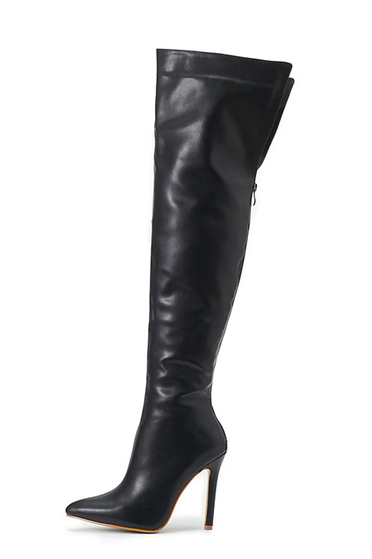 Solid Color Zipper Pointed Toe Stiletto Heel Over The Knee Boots