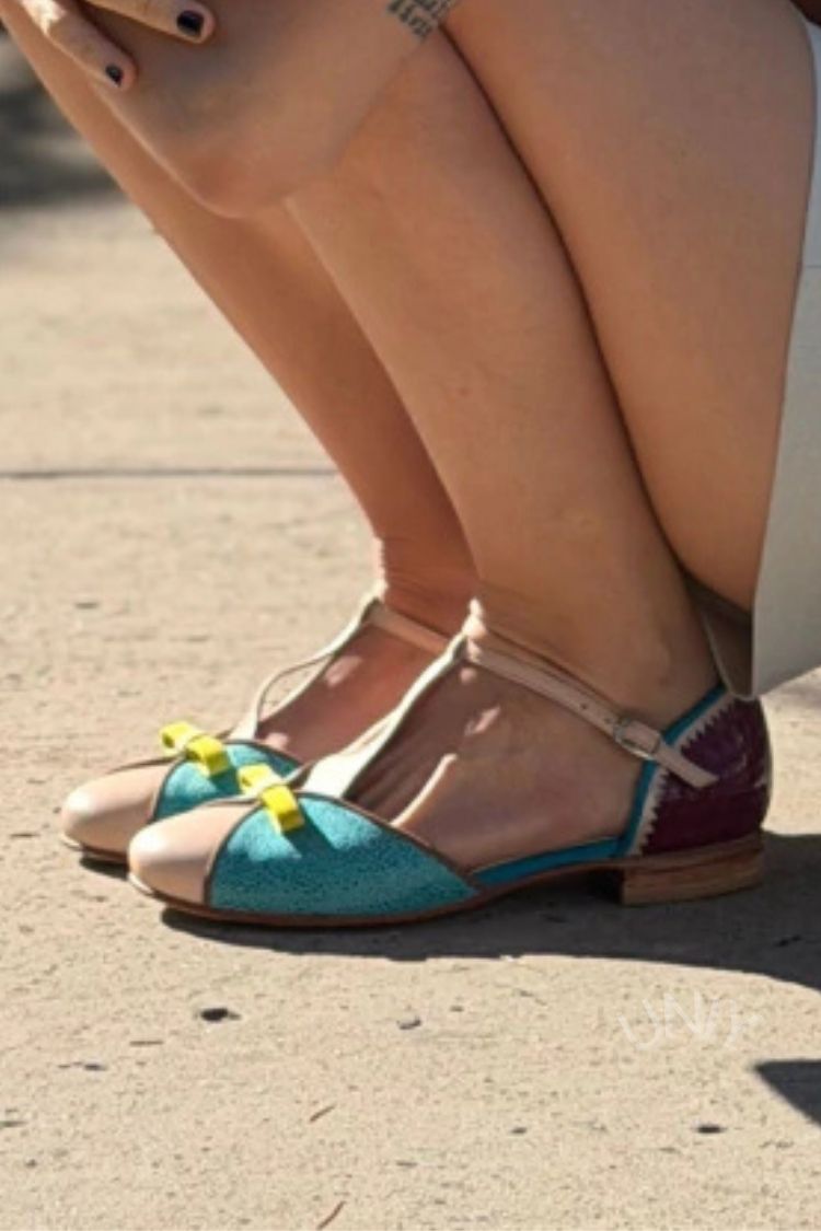 Retro Color Block Round Toe T-Strap Flats [Pre Order]