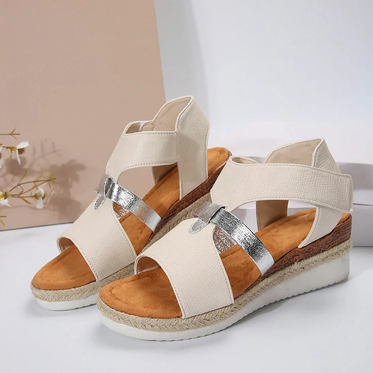 Peep Toe Patchwork Strap Magic Stick Sandálias de Cunha com Fechamento