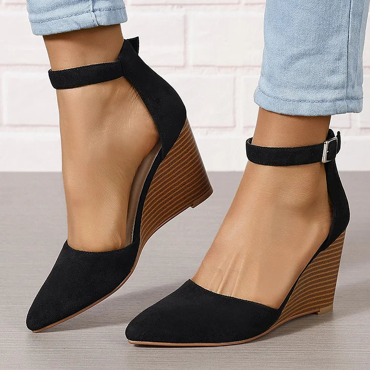 Pointy Toe Ankle Strap Buckle Solid Color Wedge Heels