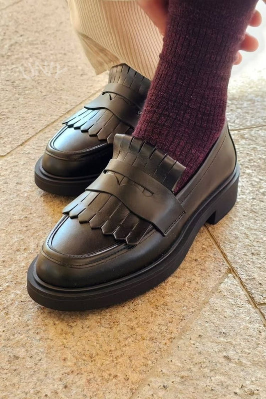 Cusal Black Round Toe Fringe Platform Chunky Loafers [Pre Order]