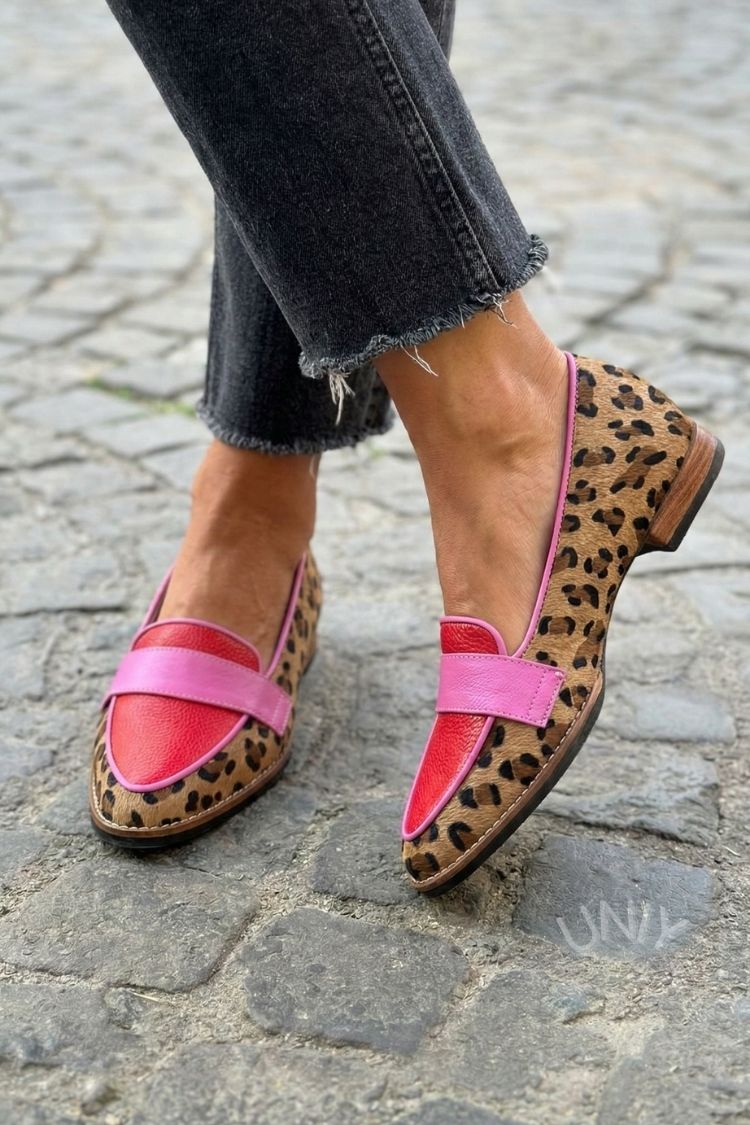 Retro luipaard rood roze colorblock puntige loafers [Pre Order]