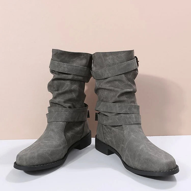 Einfarbige mittelhohe Stiefel mit mehreren Riemen und Schnallen im Patchwork-Stil und runder Zehenpartie